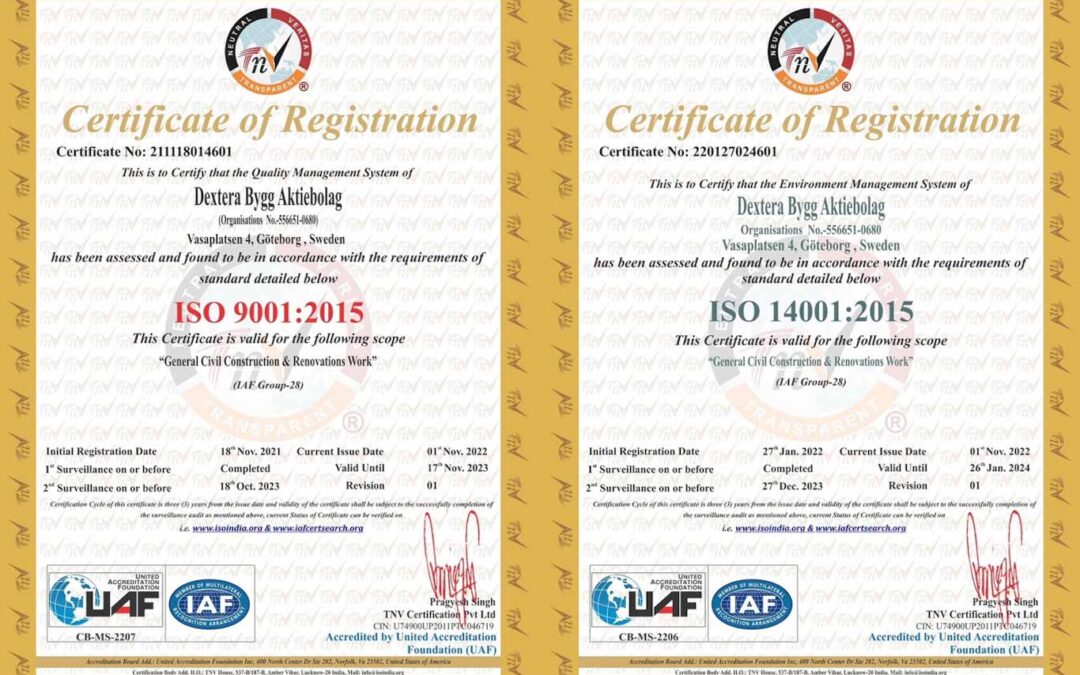 Dextera är certifierade enligt ISO 9001:2015 och ISO 14001:2015